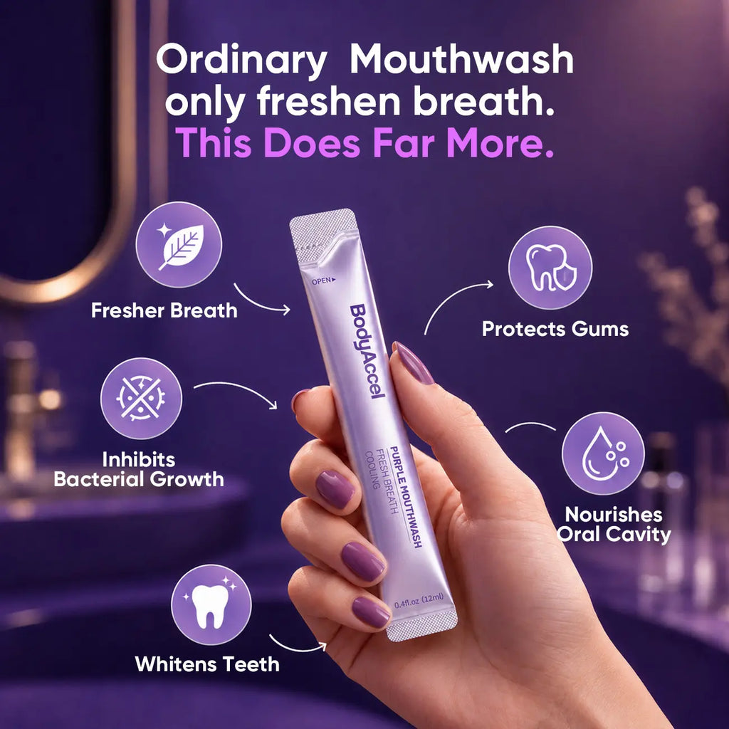 【Bodyaccel】Purple Mouthwash for Teeth Whitening, Freshens Breath, Gum Health, Hydrating, Anti-Bad Breath & Plaque, Alcohol-Free, Mint Flavor Travel Portable Pack (20 Sachets)