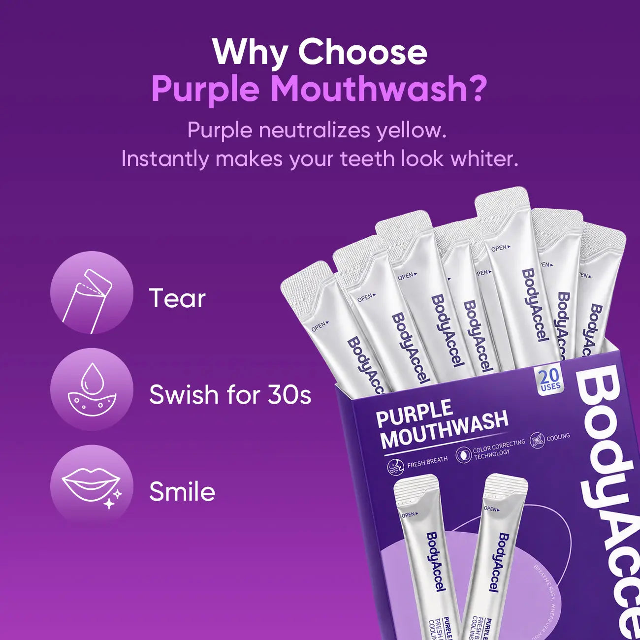【Bodyaccel】Purple Mouthwash for Teeth Whitening, Freshens Breath, Gum Health, Hydrating, Anti-Bad Breath & Plaque, Alcohol-Free, Mint Flavor Travel Portable Pack (20 Sachets)