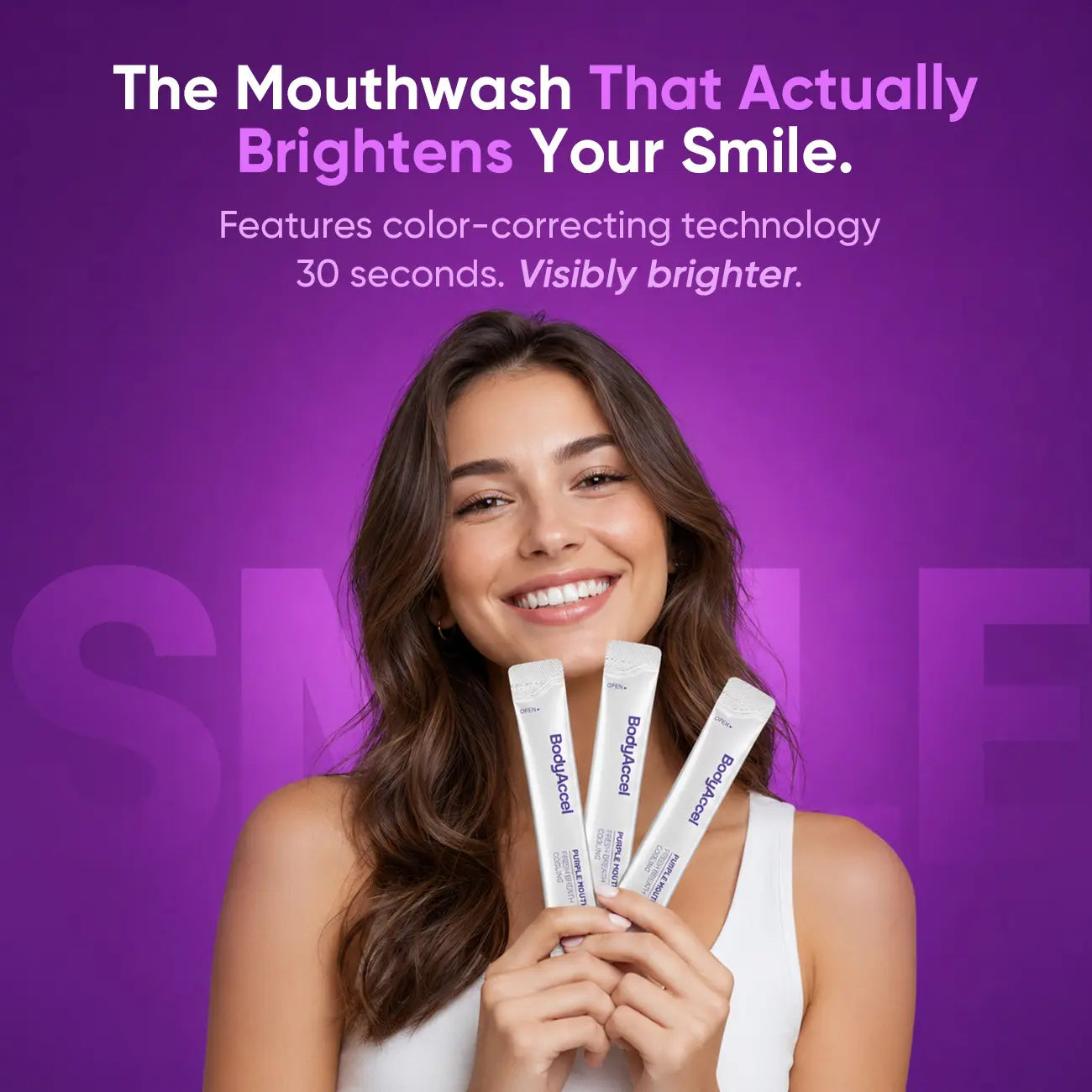【Bodyaccel】Purple Mouthwash for Teeth Whitening, Freshens Breath, Gum Health, Hydrating, Anti-Bad Breath & Plaque, Alcohol-Free, Mint Flavor Travel Portable Pack (20 Sachets)