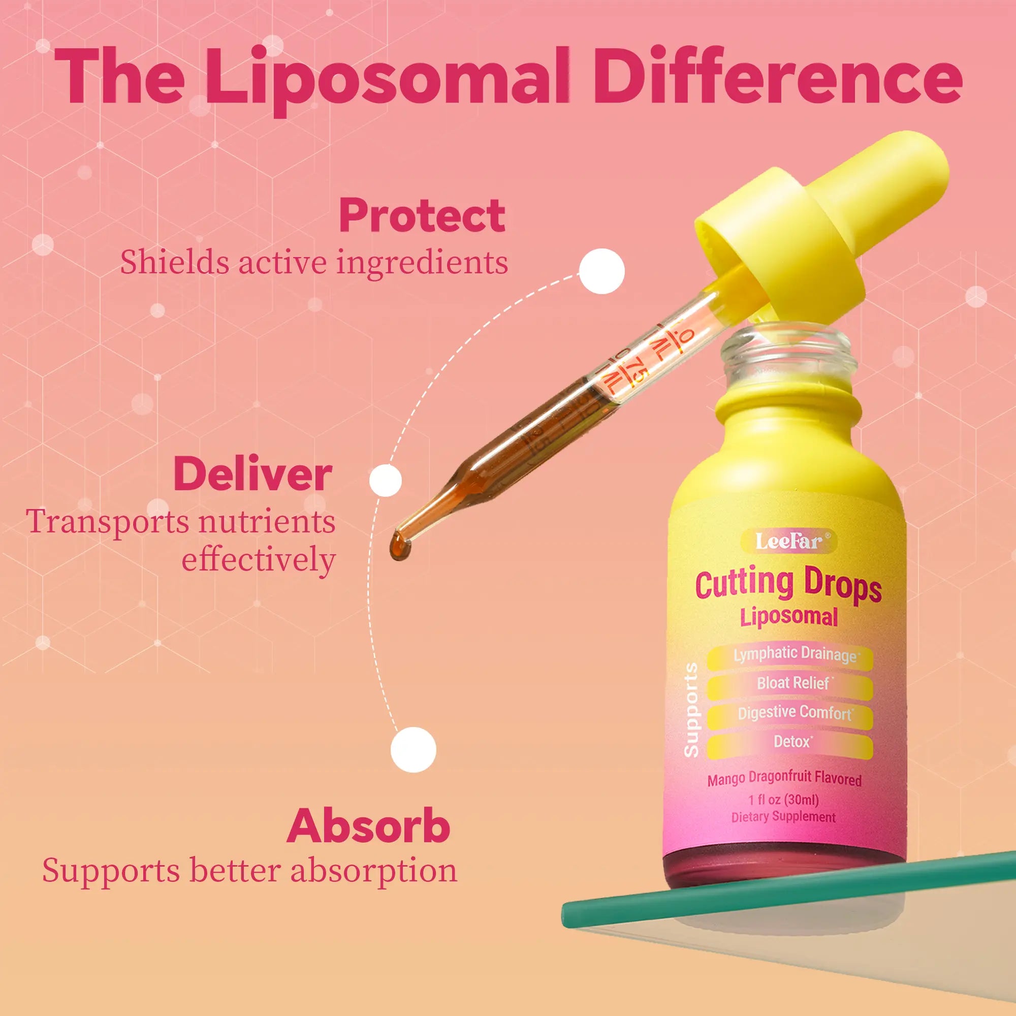 Leefar Cutting Drops – Lymphatic-Focused Debloat Formula with Dandelion, Cleavers, Burdock & Elderberry for Lymphatic Drainage, Bloat Relief, Digestive Comfort and Detox – Mango Dragonfruit Flavor, 30 Servings