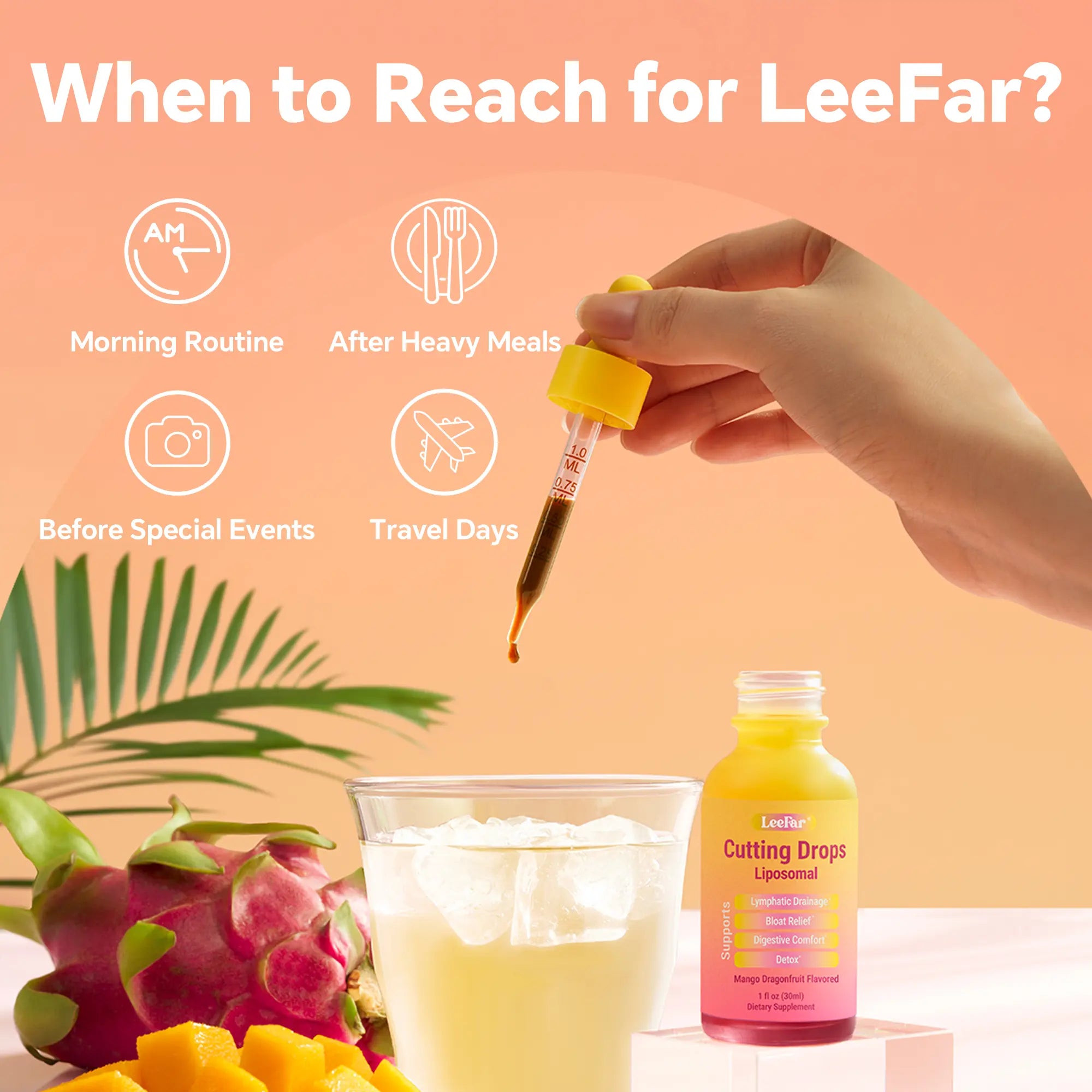 Leefar Cutting Drops – Lymphatic-Focused Debloat Formula with Dandelion, Cleavers, Burdock & Elderberry for Lymphatic Drainage, Bloat Relief, Digestive Comfort and Detox – Mango Dragonfruit Flavor, 30 Servings