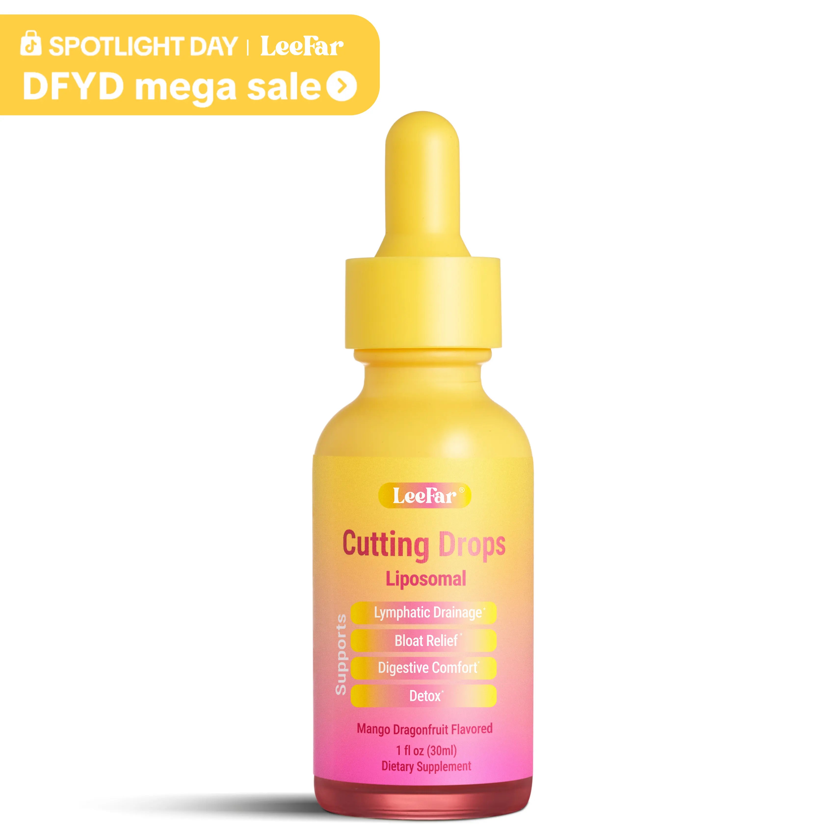 Leefar Cutting Drops – Lymphatic-Focused Debloat Formula with Dandelion, Cleavers, Burdock & Elderberry for Lymphatic Drainage, Bloat Relief, Digestive Comfort and Detox – Mango Dragonfruit Flavor, 30 Servings