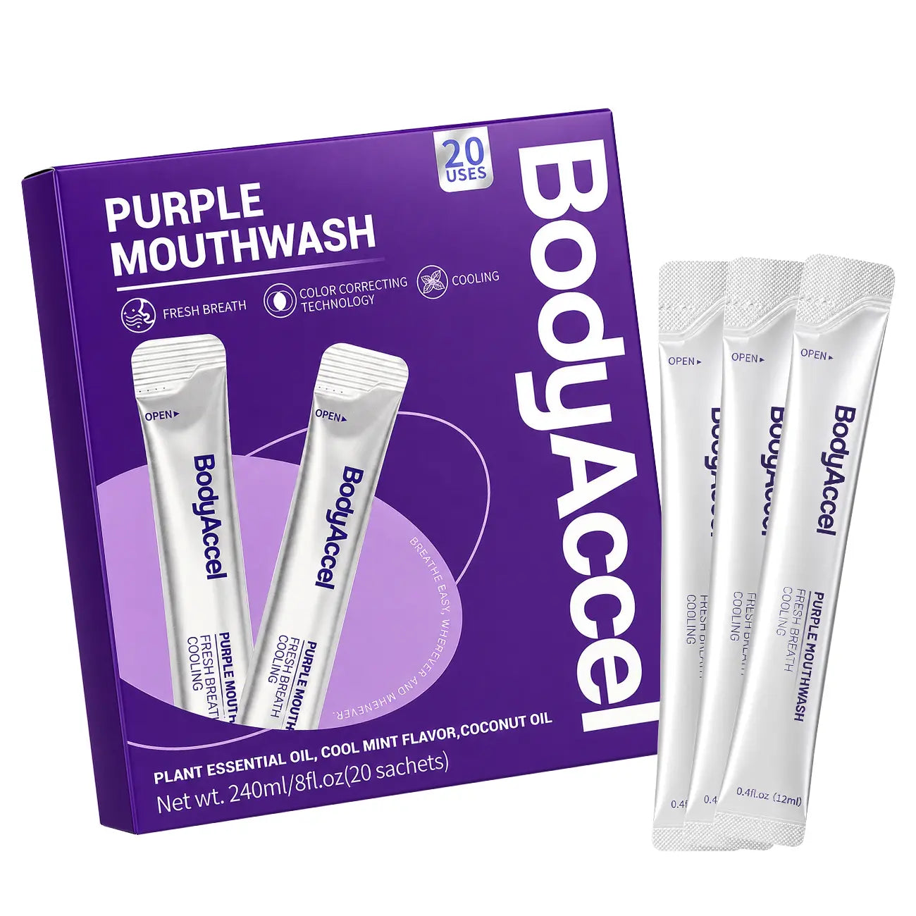 【Bodyaccel】Purple Mouthwash for Teeth Whitening, Freshens Breath, Gum Health, Hydrating, Anti-Bad Breath & Plaque, Alcohol-Free, Mint Flavor Travel Portable Pack (20 Sachets)