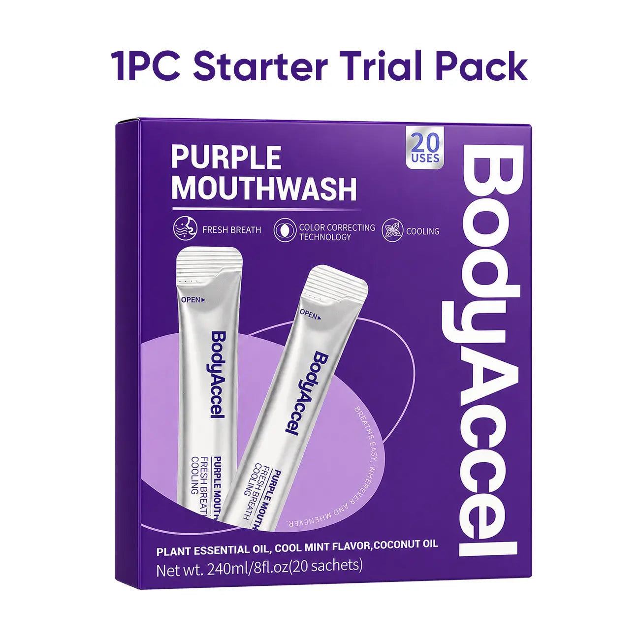 【Bodyaccel】Purple Mouthwash for Teeth Whitening, Freshens Breath, Gum Health, Hydrating, Anti-Bad Breath & Plaque, Alcohol-Free, Mint Flavor Travel Portable Pack (20 Sachets)
